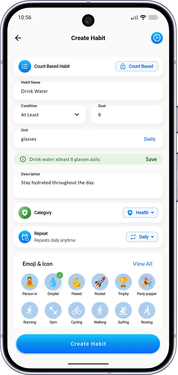 Create Habit screen with a count goal of 8 glasses