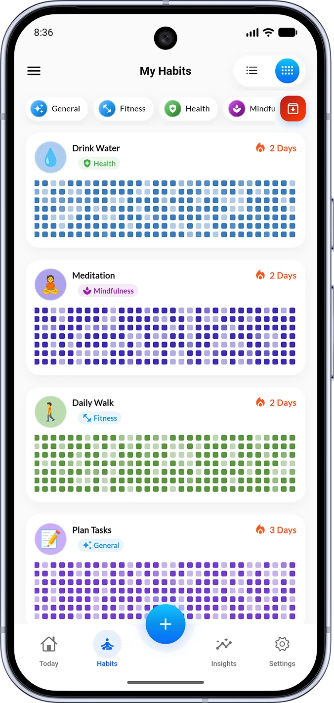 Habigrow habit heatmap showing months of check-ins for three habits