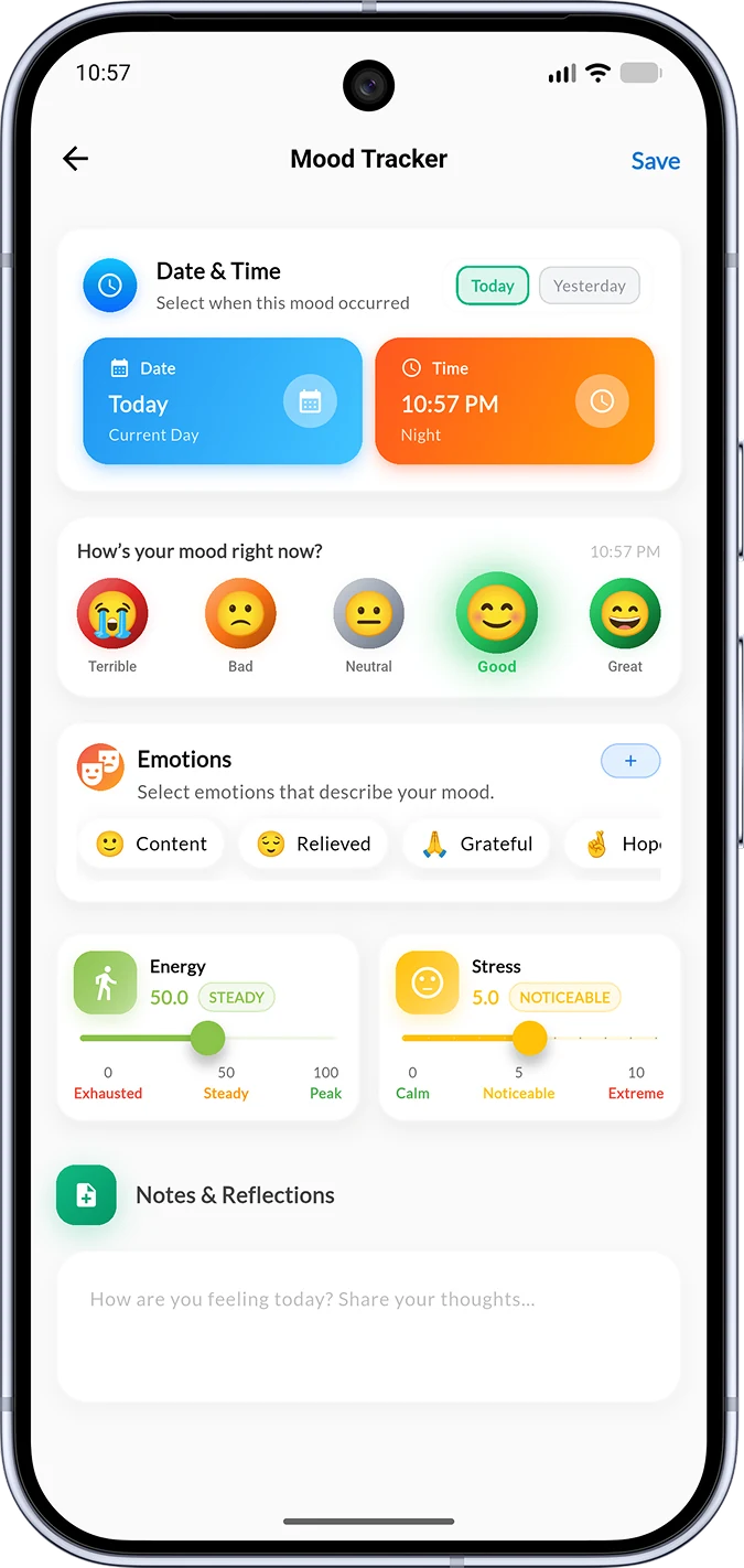 Habigrow mood tracker: mood faces, emotions, energy and stress sliders