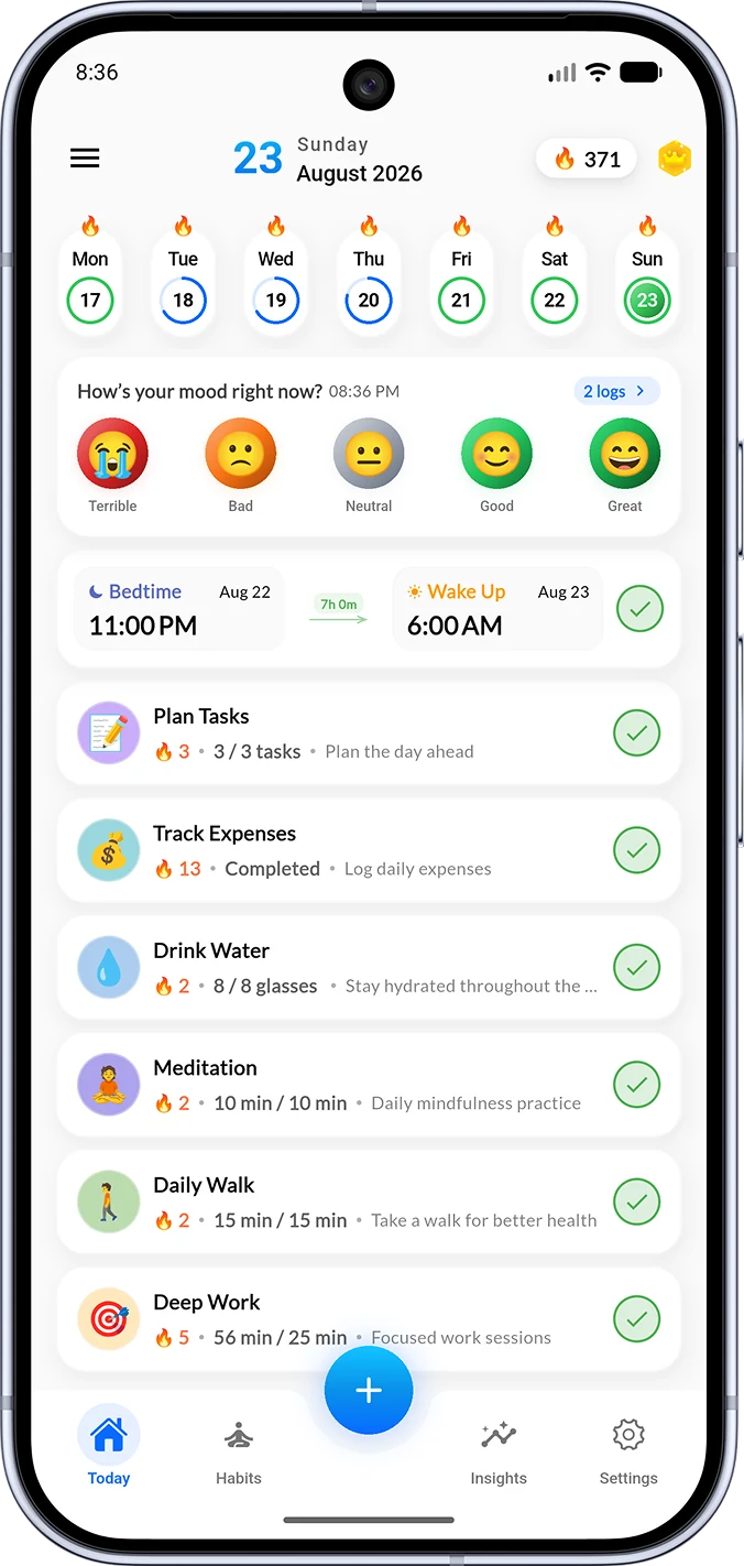 Habigrow Today screen with the week's streak, a mood check-in, sleep times and today's habits