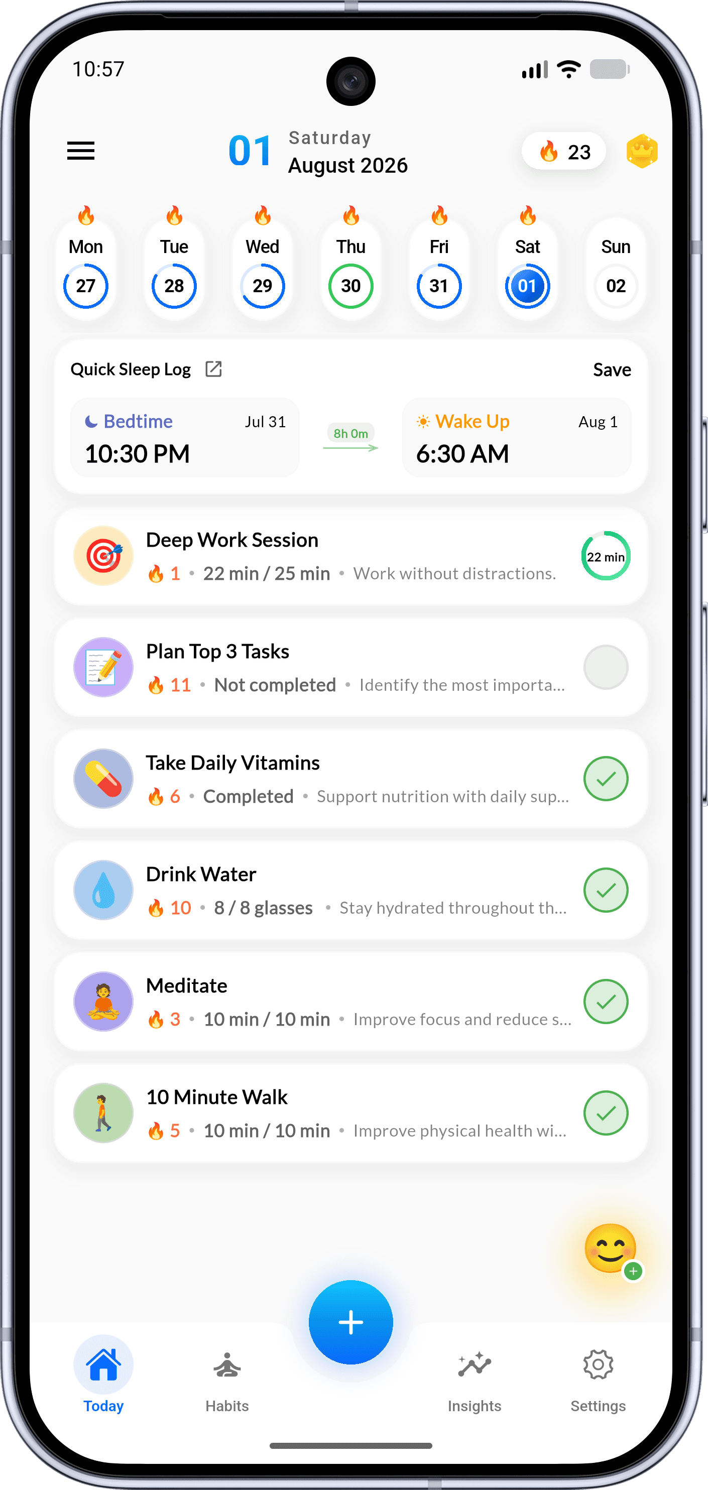Habigrow Habit Tracker - Today view showing daily habits, sleep log, and mood tracking