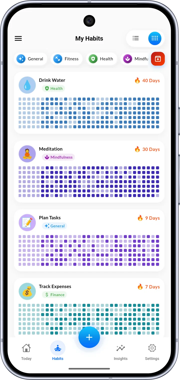 Habigrow habit heatmap on Android: six months of check-ins for every habit