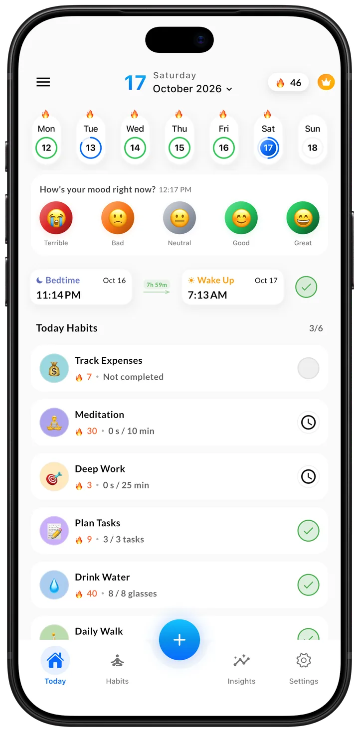 Habigrow Today screen on iPhone: week streak, mood check-in, sleep and today's habits