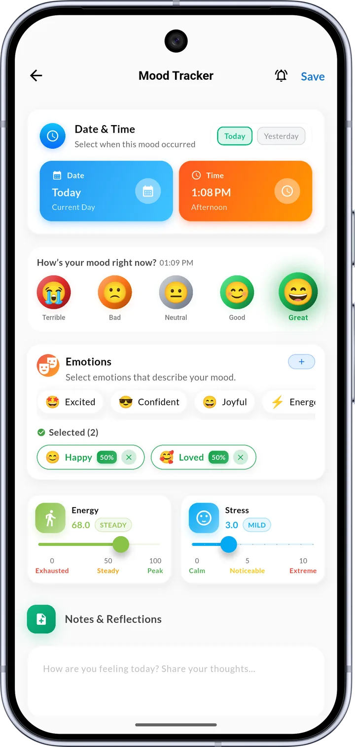 Habigrow mood tracker on Android: mood faces, emotions, energy and stress