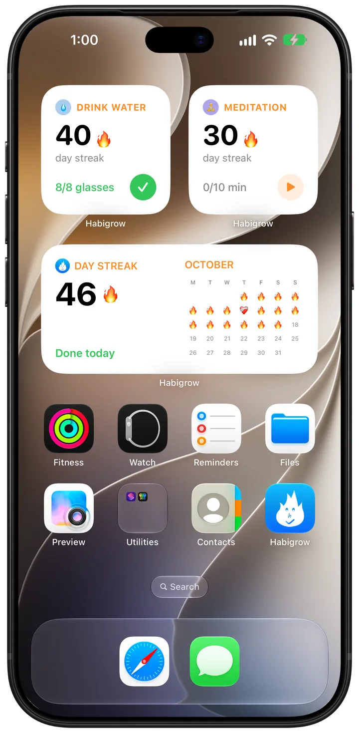 Habigrow Day streak widget with the month calendar and habit widgets on an iPhone Home Screen
