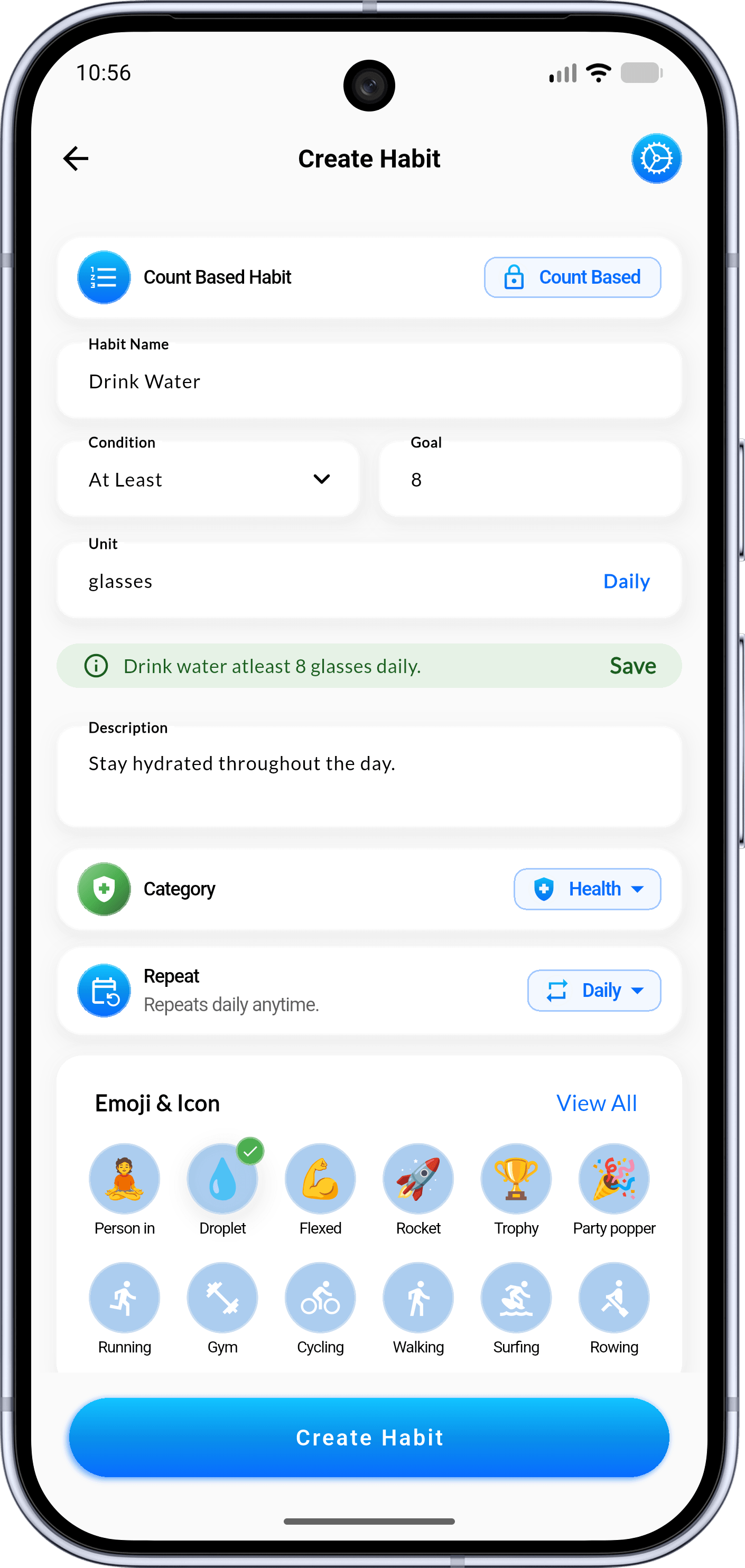 Set Up Your Habits step illustration showing Habigrow app interface